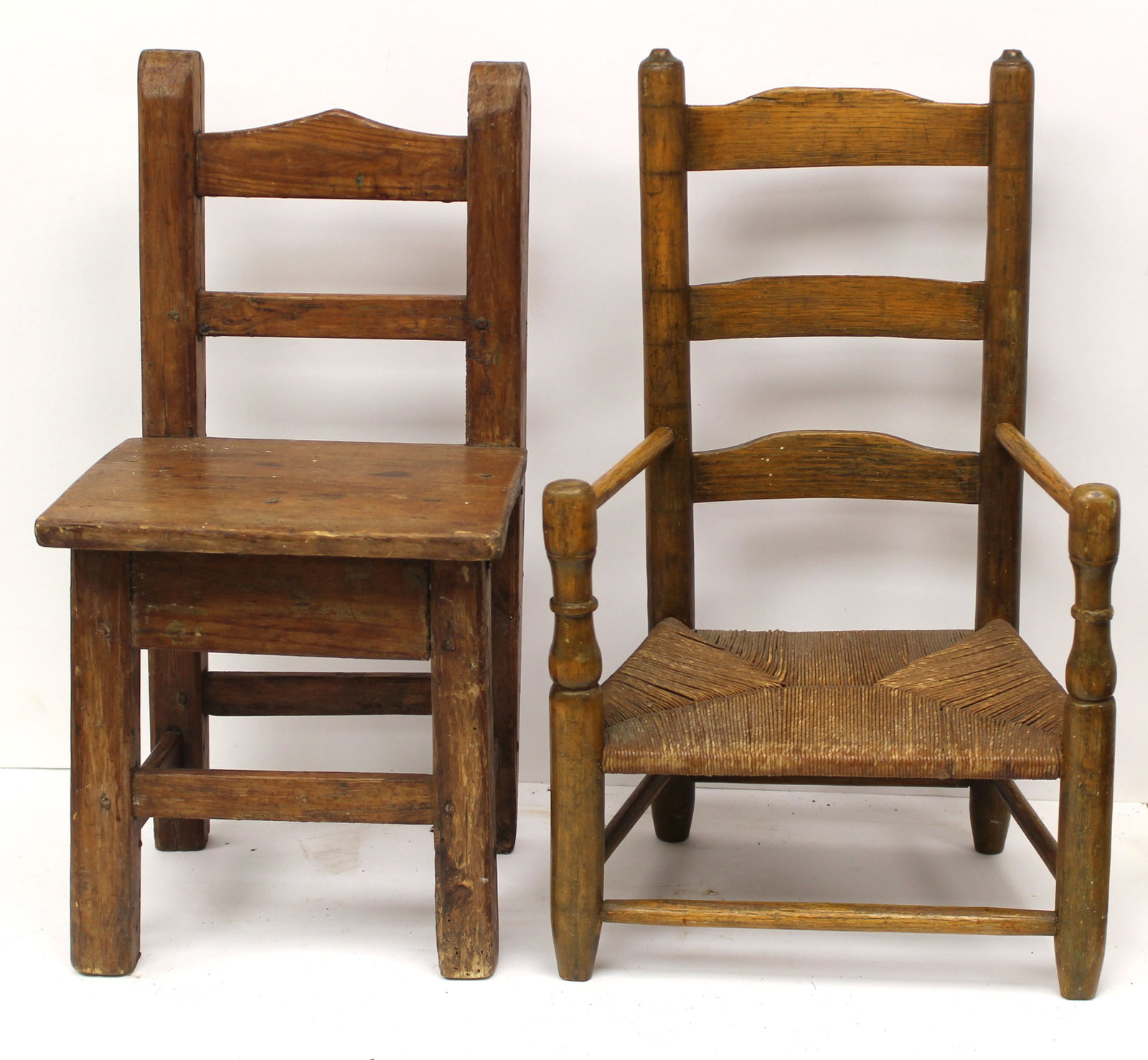 Lot of 2 antique ladderback child's chairs - 25" & 24" tall (1 of 8)