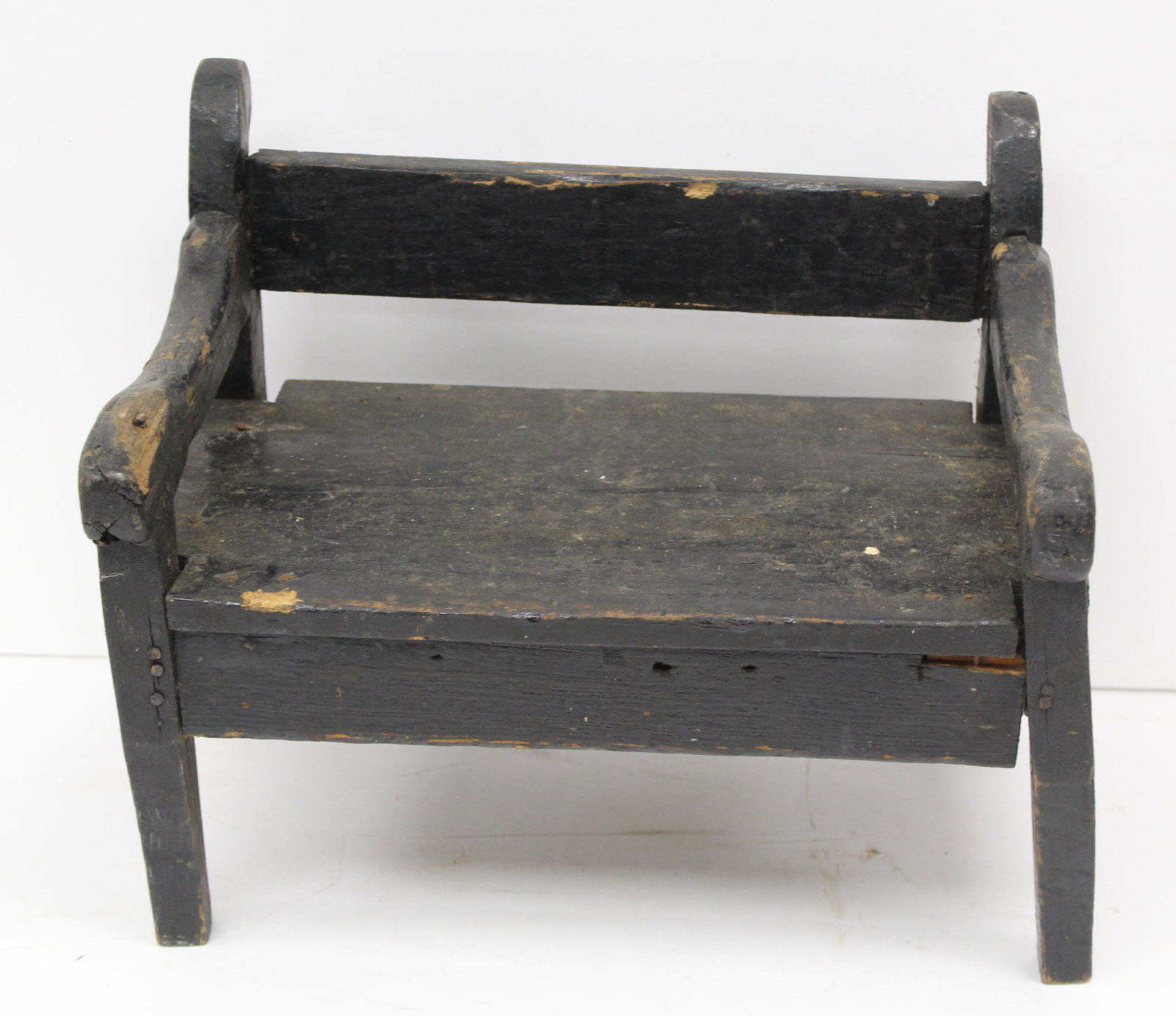 Antique child size bench in black paint - 12" tall x 14"x11" (1 of 5)