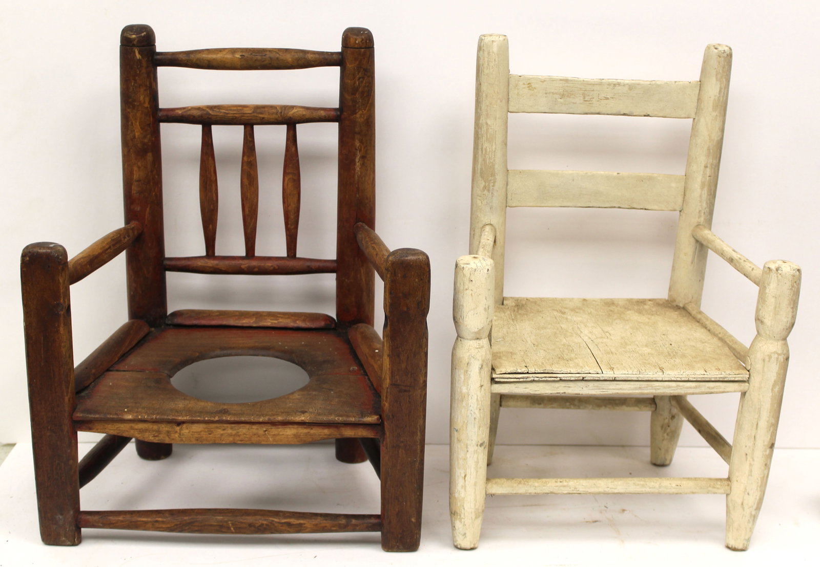 Lot of 2 antique child's chairs incl 1 in white paint & the other a potty chair - 19" tall (1 of 6)