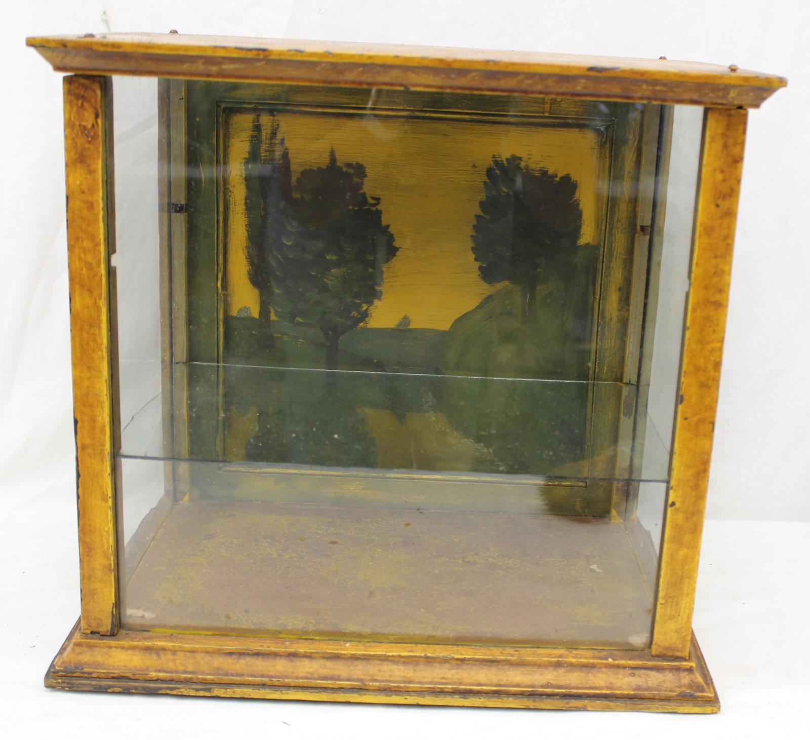 Vintage wood & glass display case in yellow grain paint w scenic painted interior door - 16" tall x (1 of 5)