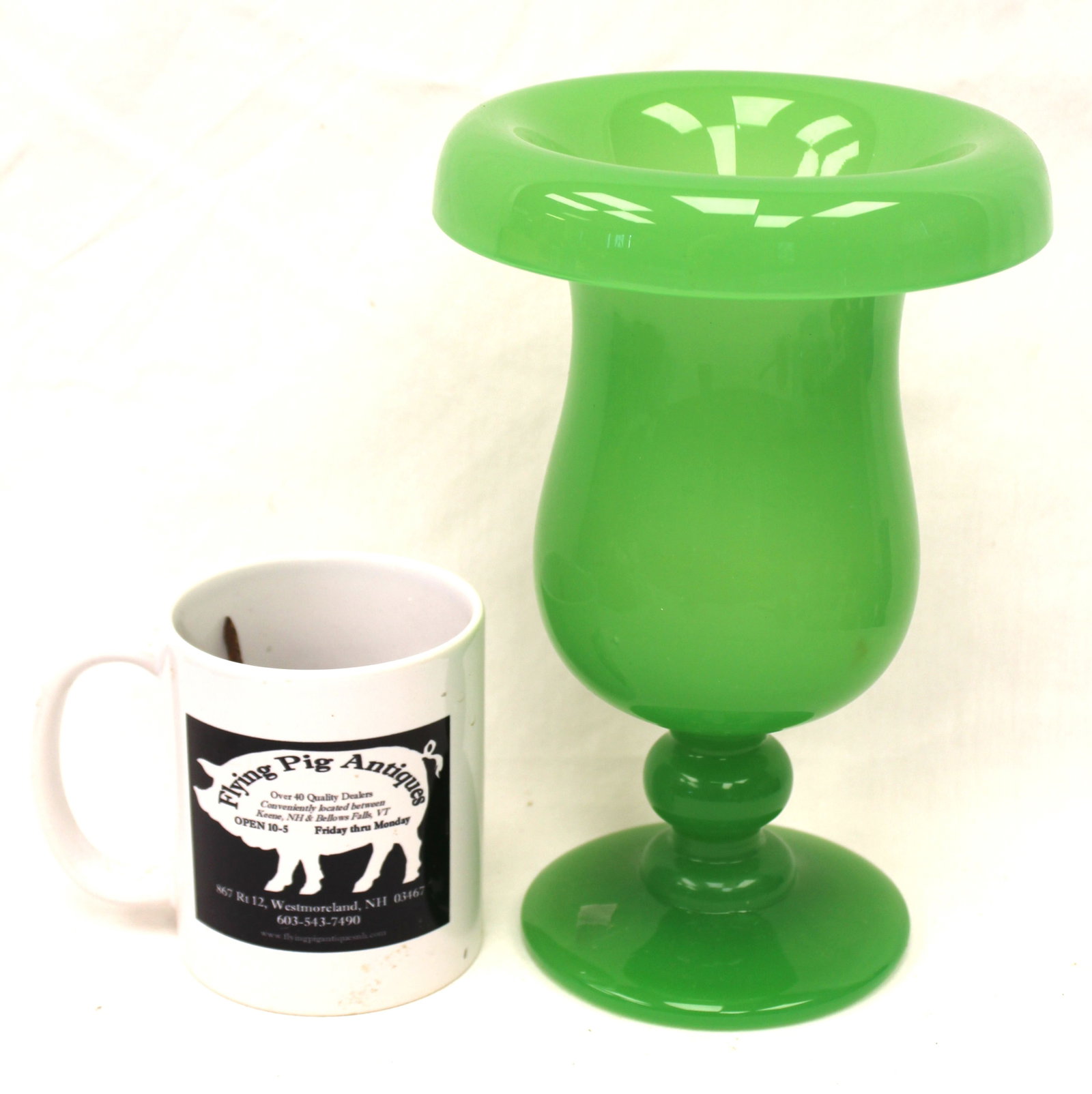 Early green glass vase w roll over rim - 9" tall: Early green glass vase w roll over rim - 9" tall