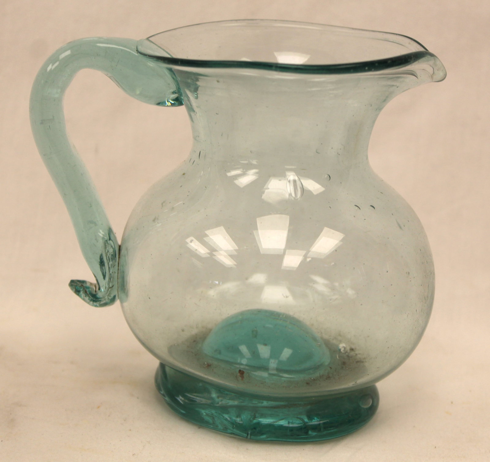 Early aqua glass pitcher/creamer - 4 3/4" tall: Early aqua glass pitcher/creamer - 4 3/4" tall