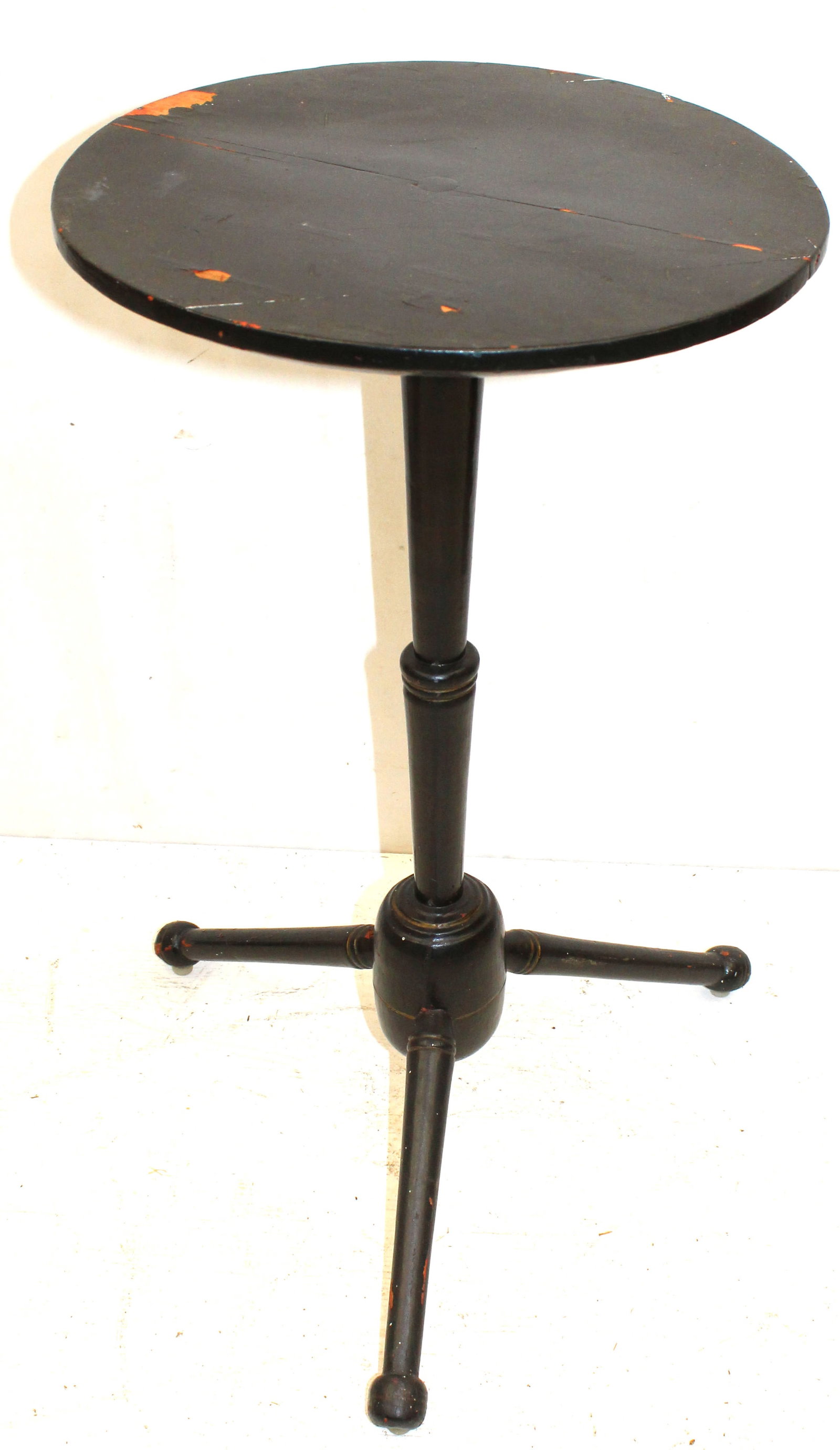 Antique round top candlestand in black paint w tripod ftd base - 26" tall x 15 1/2" diam (1 of 7)
