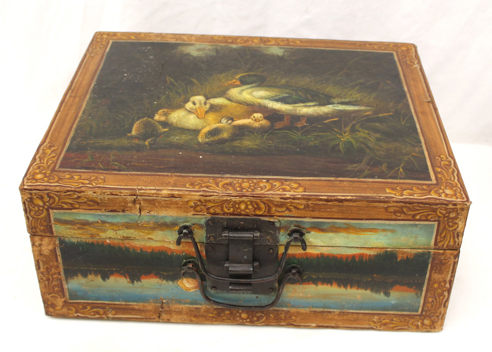 Antique valuables box w scenic wallpaper & paint decoration - 6 1/2" tall x 16"x12 1/2" (1 of 8)