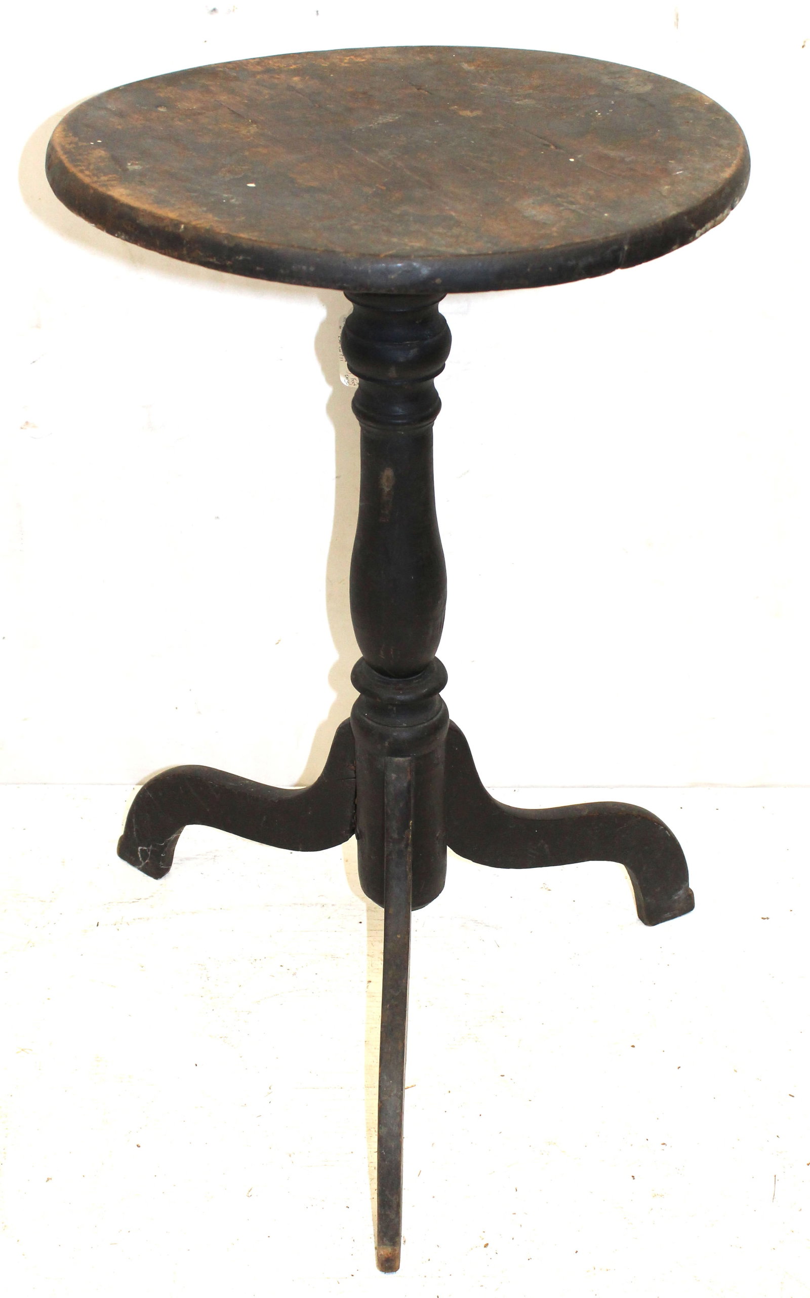 Antique round top candlestand on snake feet in black paint - 28" tall x 17" diam (1 of 7)