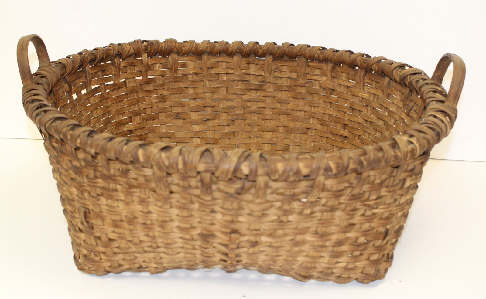 Antique square bottom round gathering basket w 2 handles - 7 1/2" tall x 21"x20" (1 of 7)
