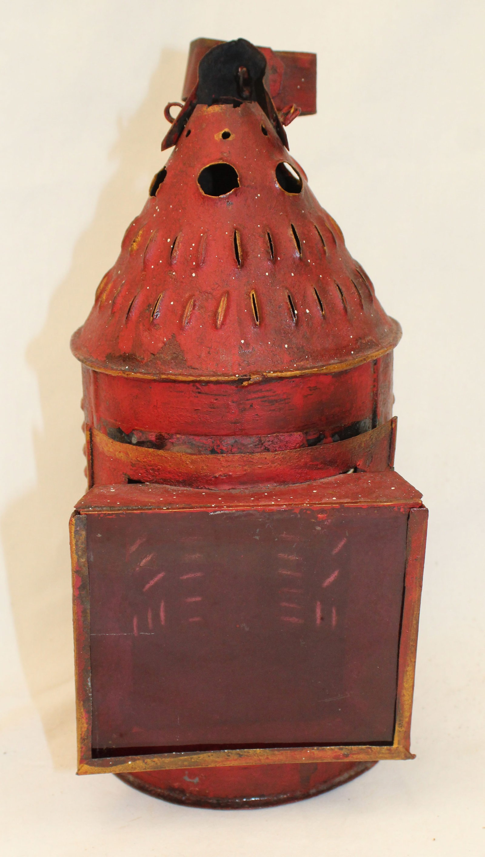 Antique pierced tin lantern in red paint - 11 1/2" tall (1 of 5)