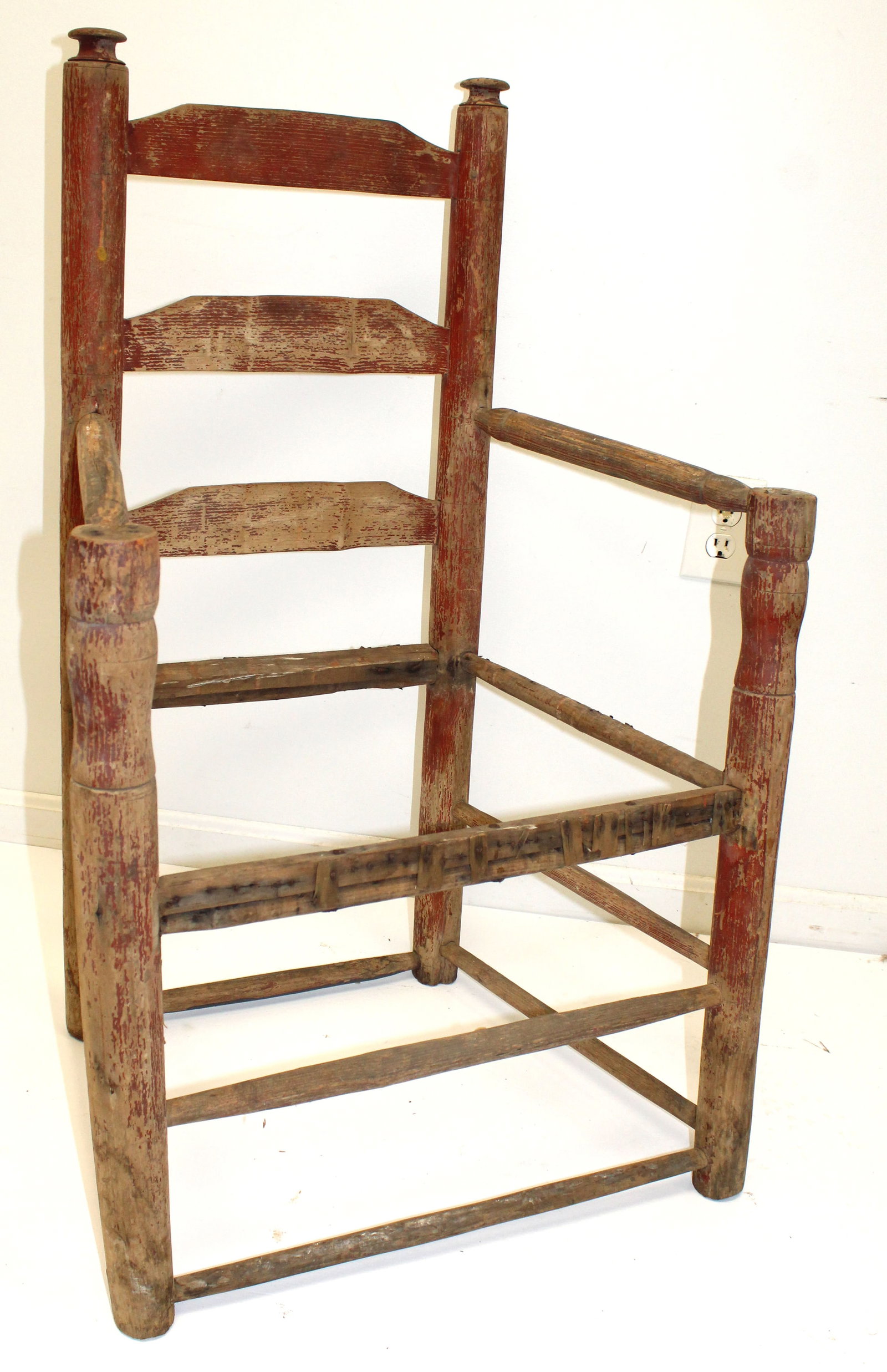 Antique ladderback great chair in red paint - no seat - 39" tall x 24"x17" w 17" seat height (1 of 7)