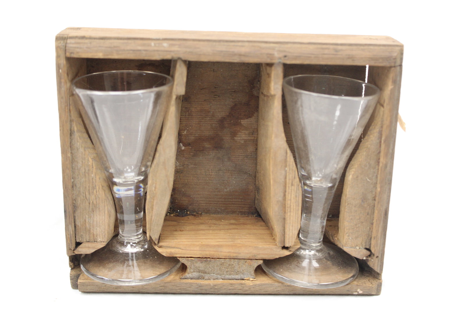 Pair of early clear glass cordials in orig fitted wooden packing crate - crate is 5 3/4" tall x7 (1 of 4)