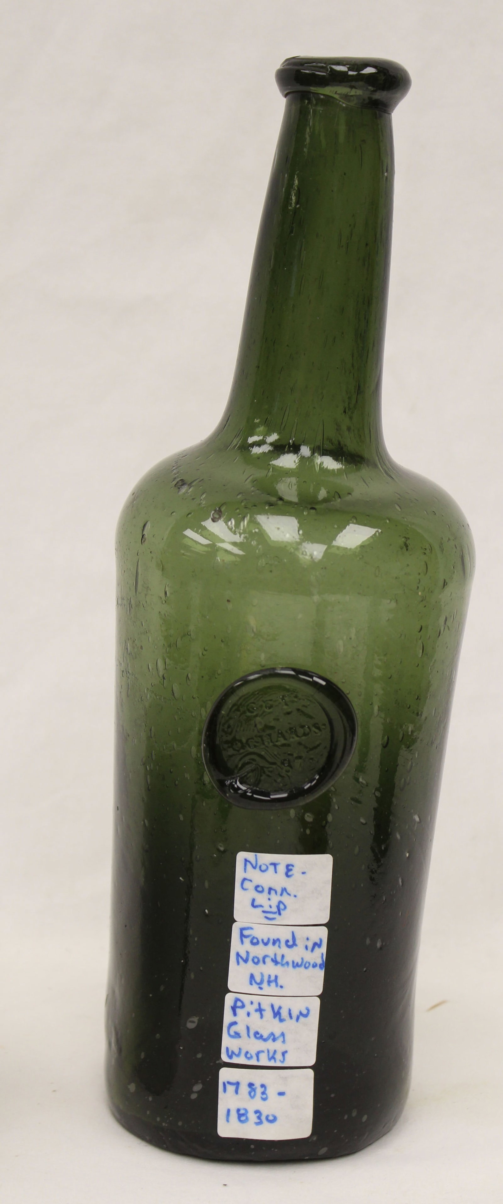 Early green glass bottle w seal - 11 1/2" tall