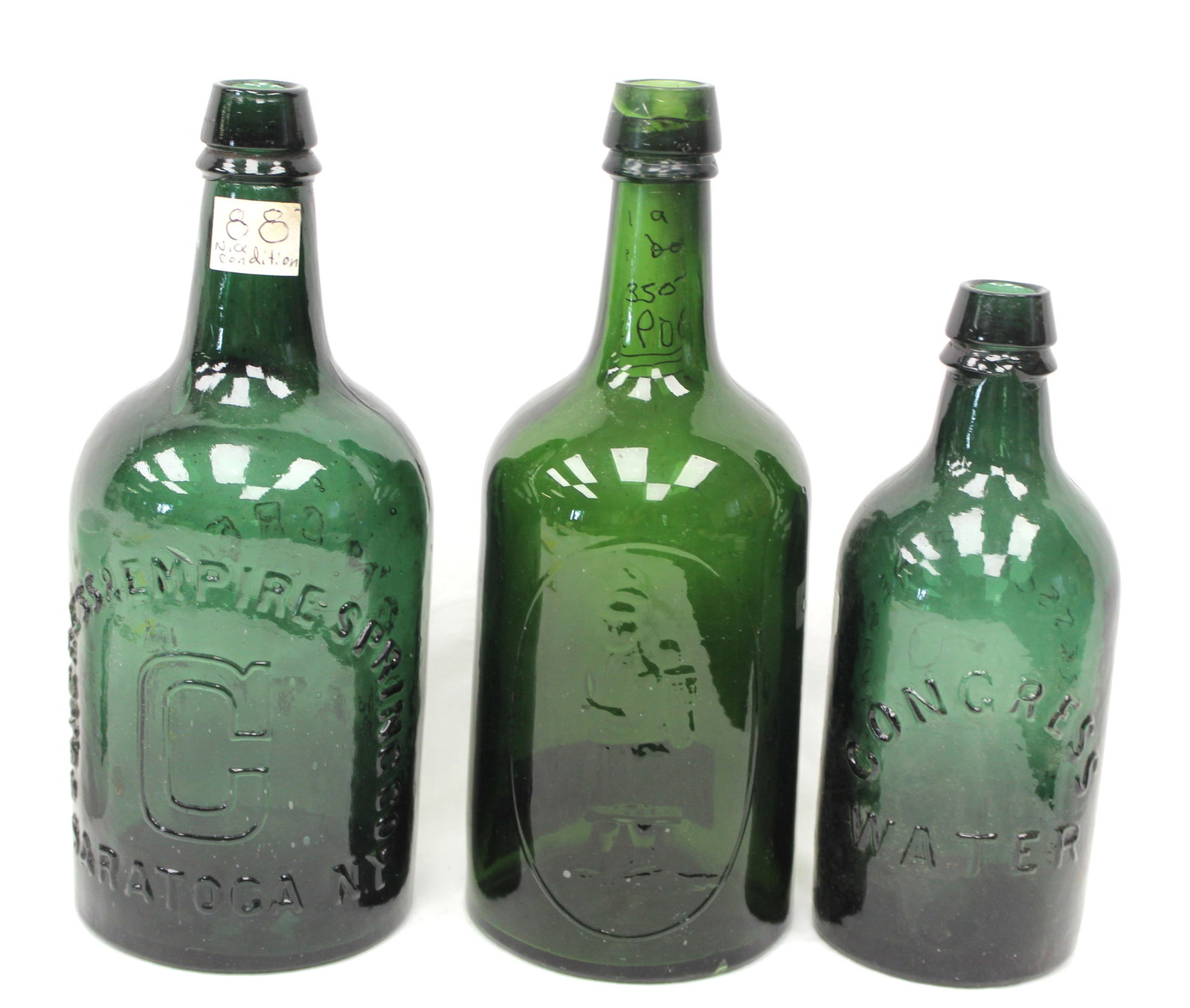 Lot of 3 early green glass bottles - Saratoga, Congress & Missisquoi - 7 1/2" - 9 1/2": Lot of 3 early green glass bottles - Saratoga, Congress & Missisquoi - 7 1/2" - 9 1/2"