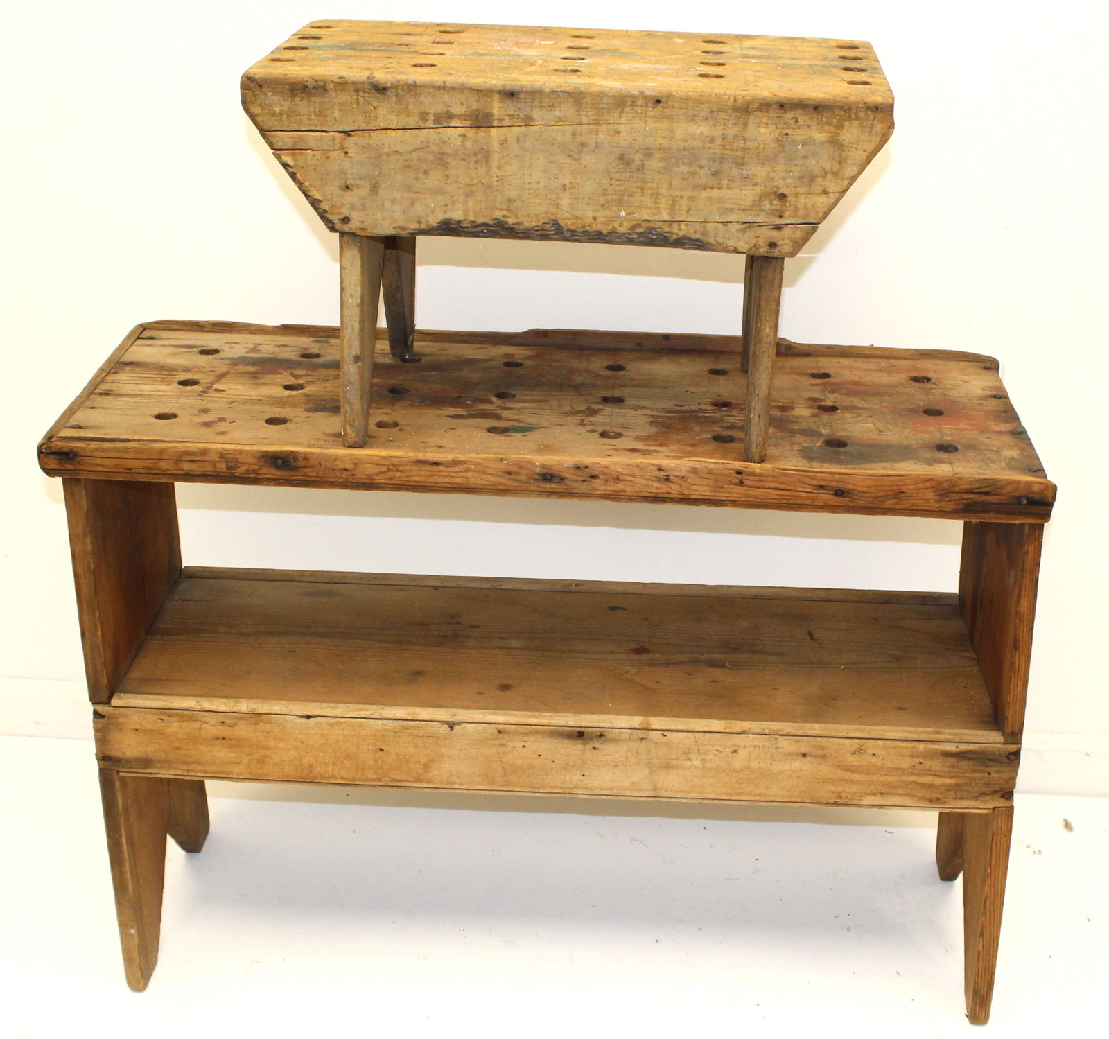 Lot of 2 antique wooden work benches - 12" tall x 20"x11" & 22" tall x 33"x12 1/2" (1 of 6)