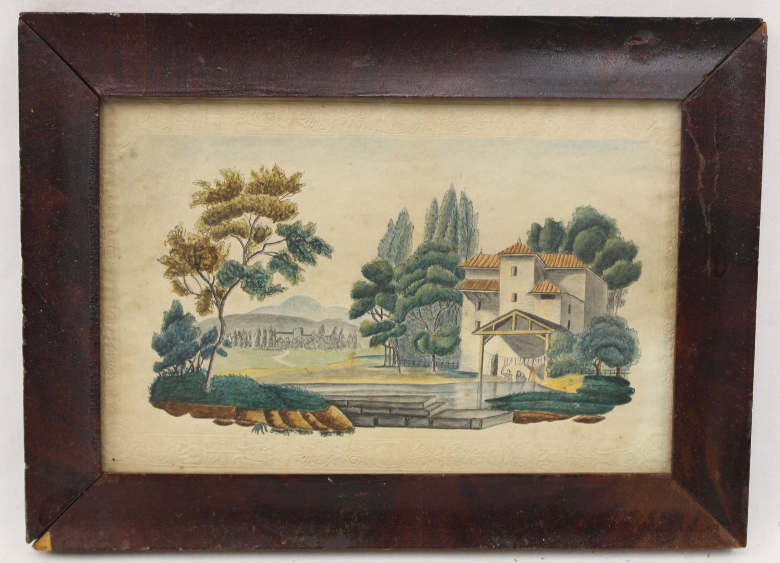 Antique diminutive landscape w/c w embossed surround - overall framed size 7"x9" (1 of 5)