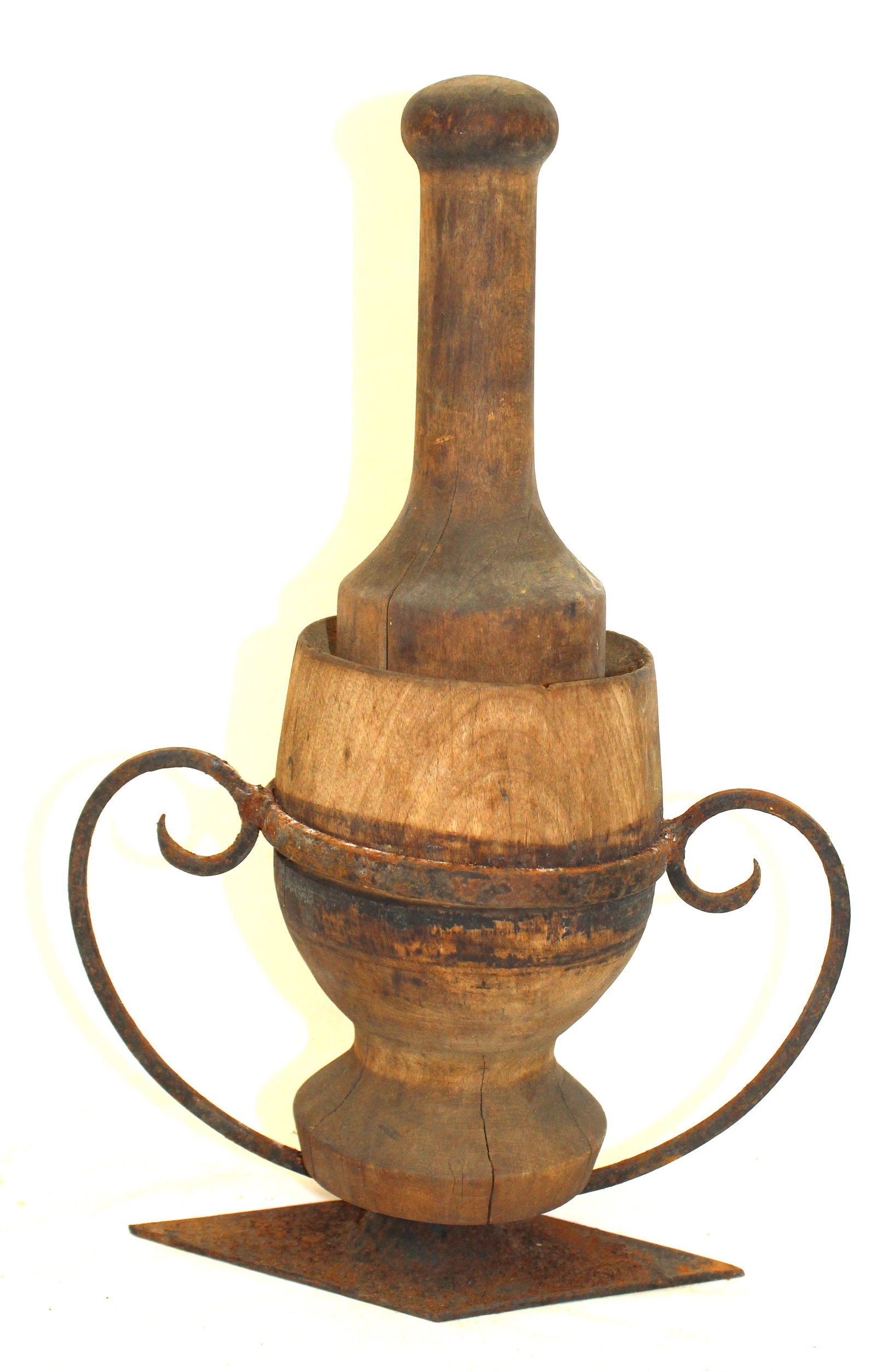 Antique mortar & pestle w iron base/holder - 12" tall x 8 1/2" mortar (1 of 8)