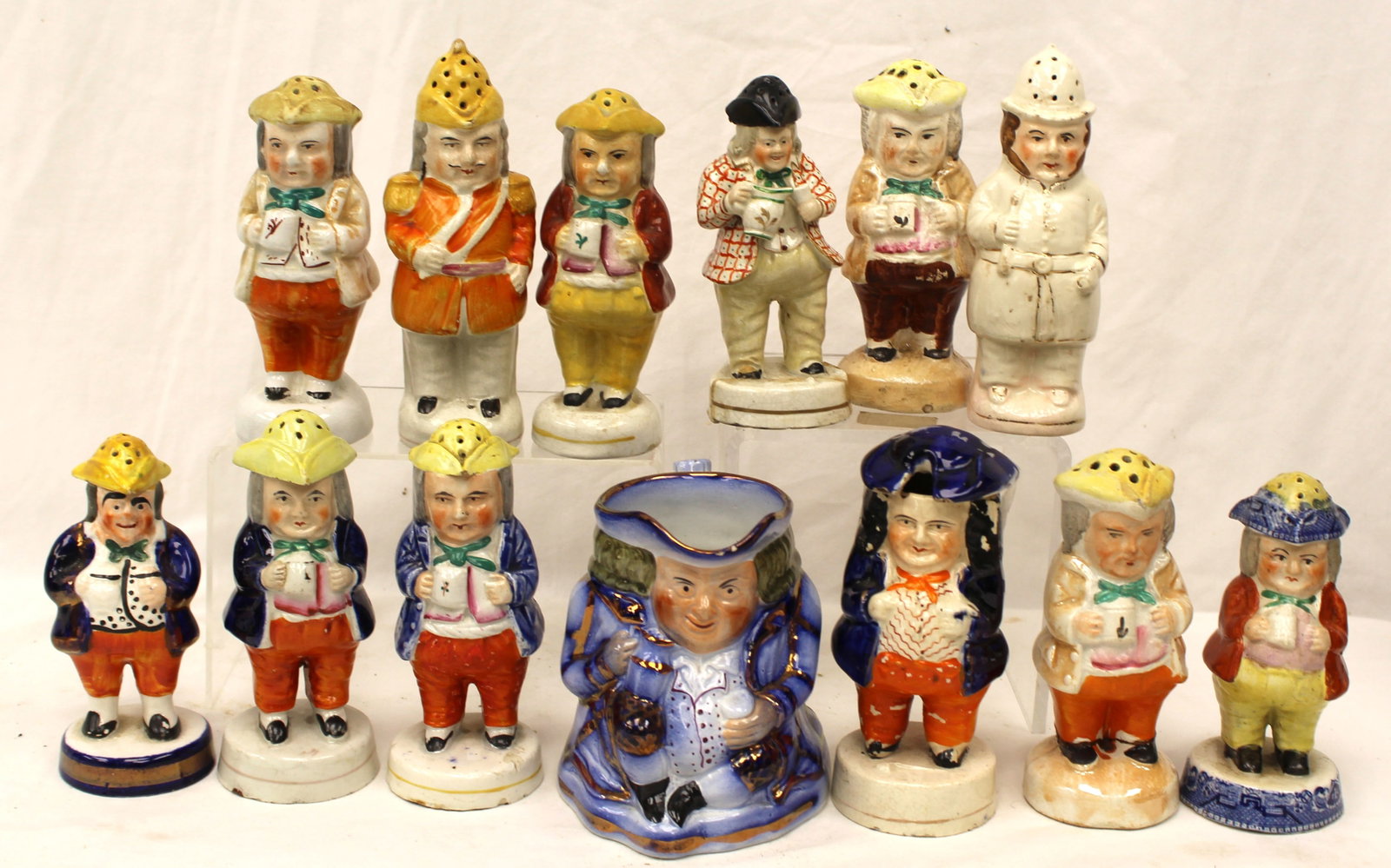 Large lot of antique Staffordshire Toby pepper pots & a creamer - 5" - 6 1/2" tall: Large lot of antique Staffordshire Toby pepper pots & a creamer - 5" - 6 1/2" tall