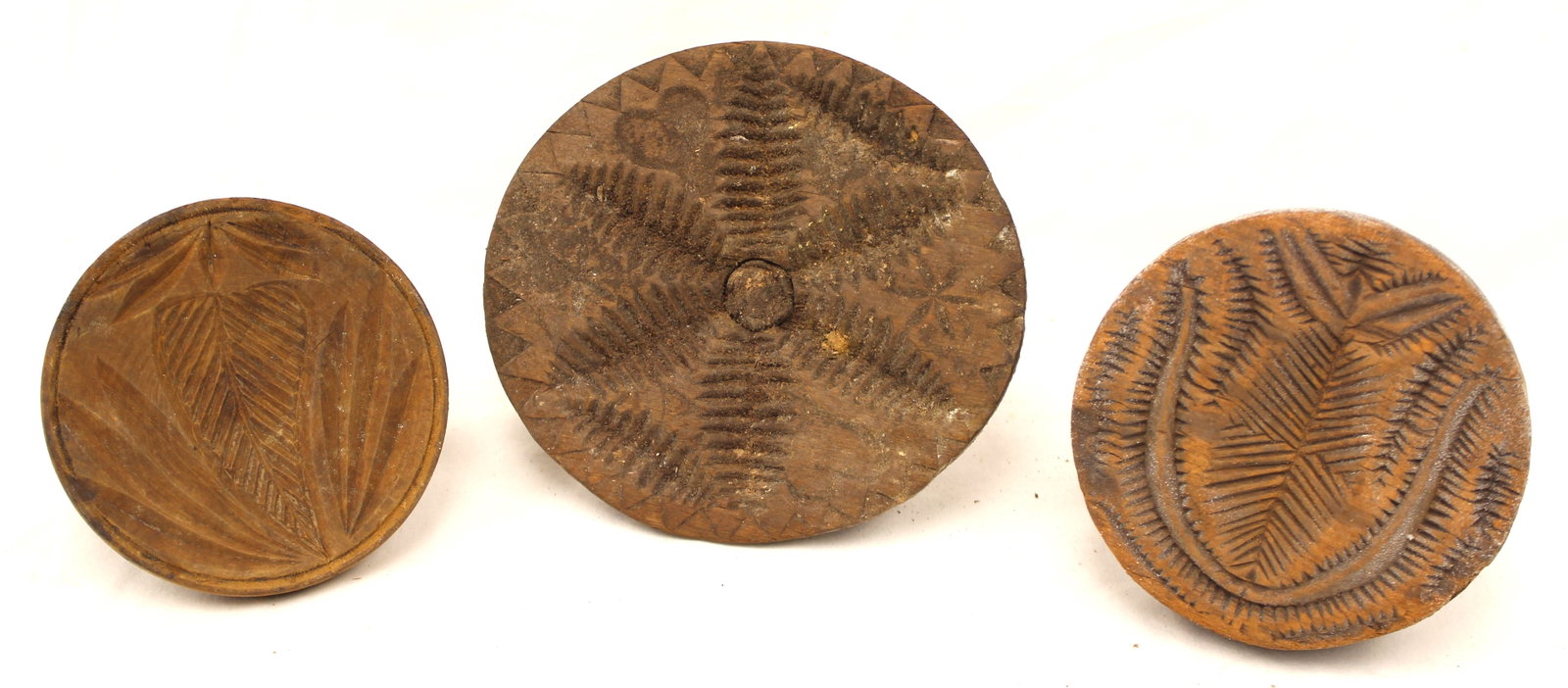 Lot of 3 antique wooden butter stamps - 4"-5 1/2" diam (1 of 6)