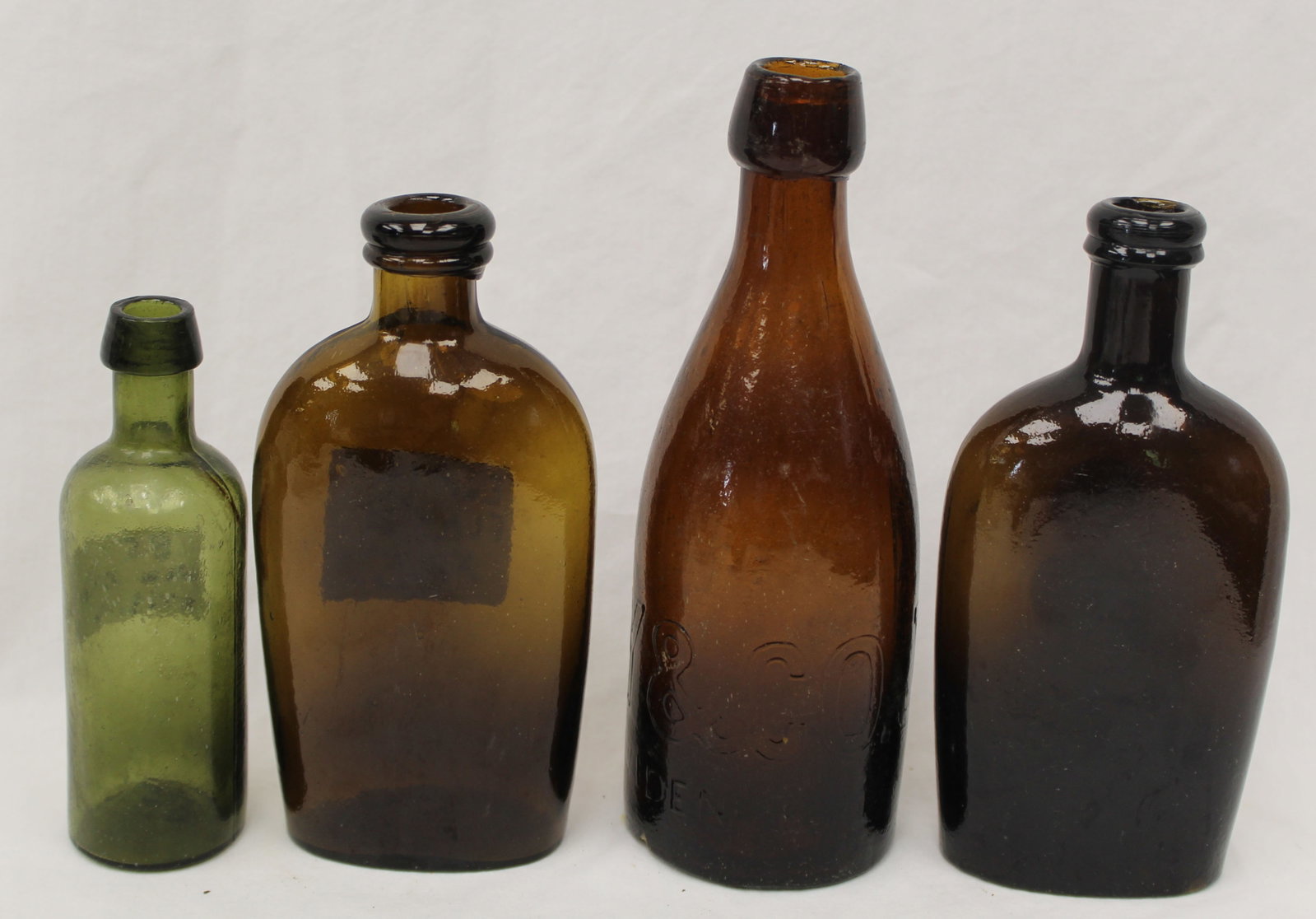 Lot of 4 early amber & green glass bottles/flasks - 5"-7" tall (1 of 9)