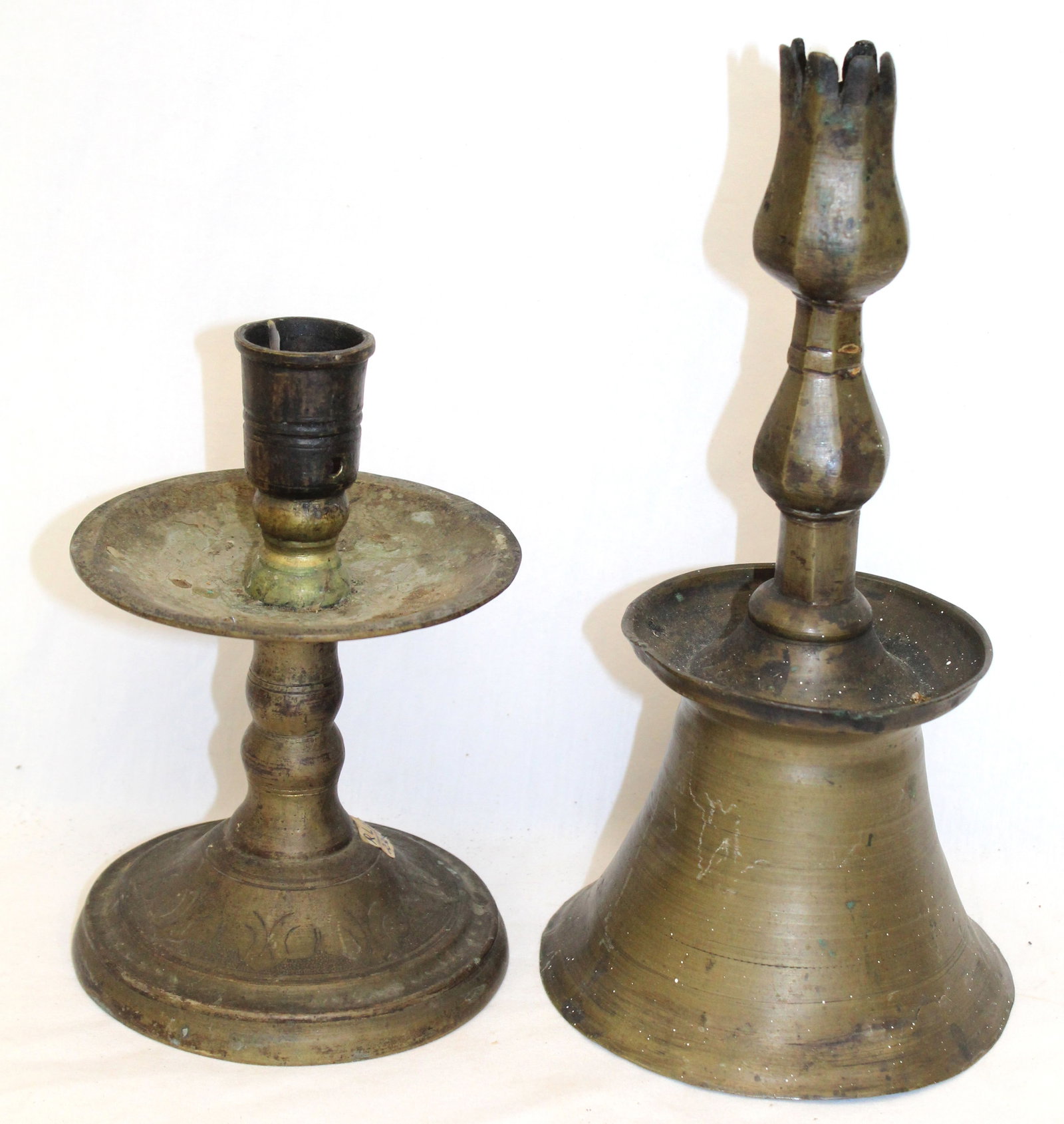 Lot of 2 antique brass candlesticks - ottoman w tulip socket & baroque mid drip - 7" & 10" (1 of 6)