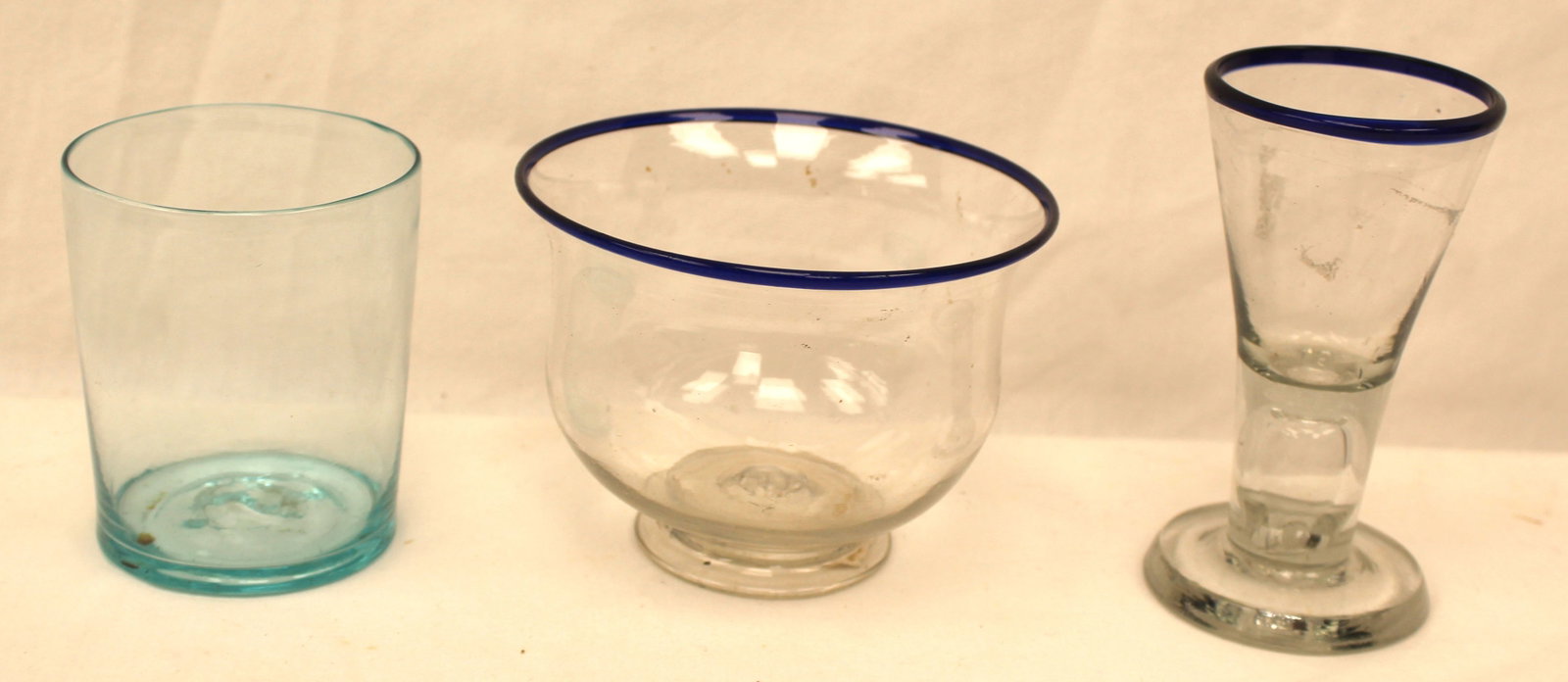 Lot of 3 early glass items incl aqua tumbler, clear glass cordial & bowl w cobalt rims - 3 1/2", 4 (1 of 9)