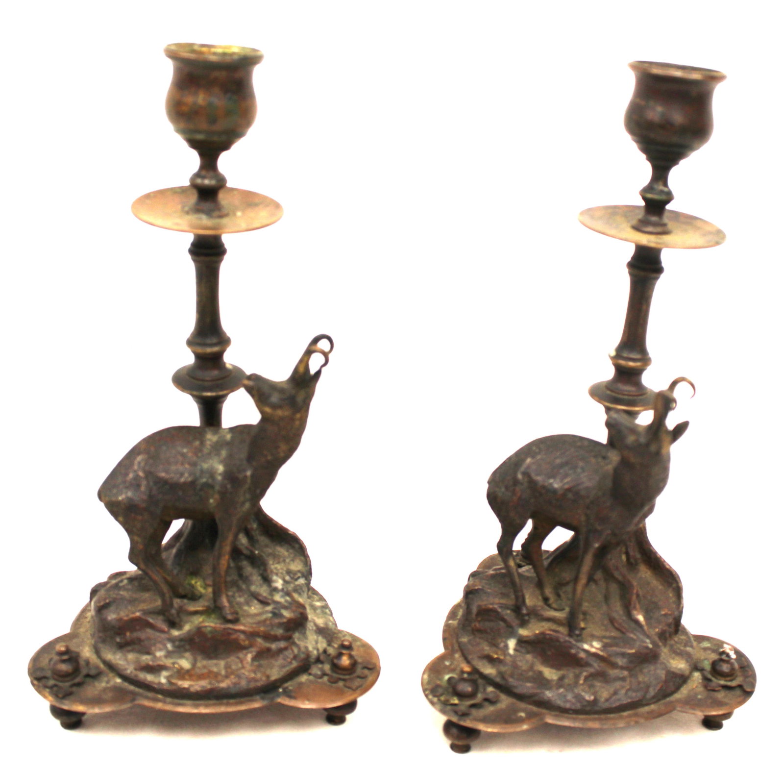 Pair of antique bronze candlesticks w antelope motif - 8" tall (1 of 9)