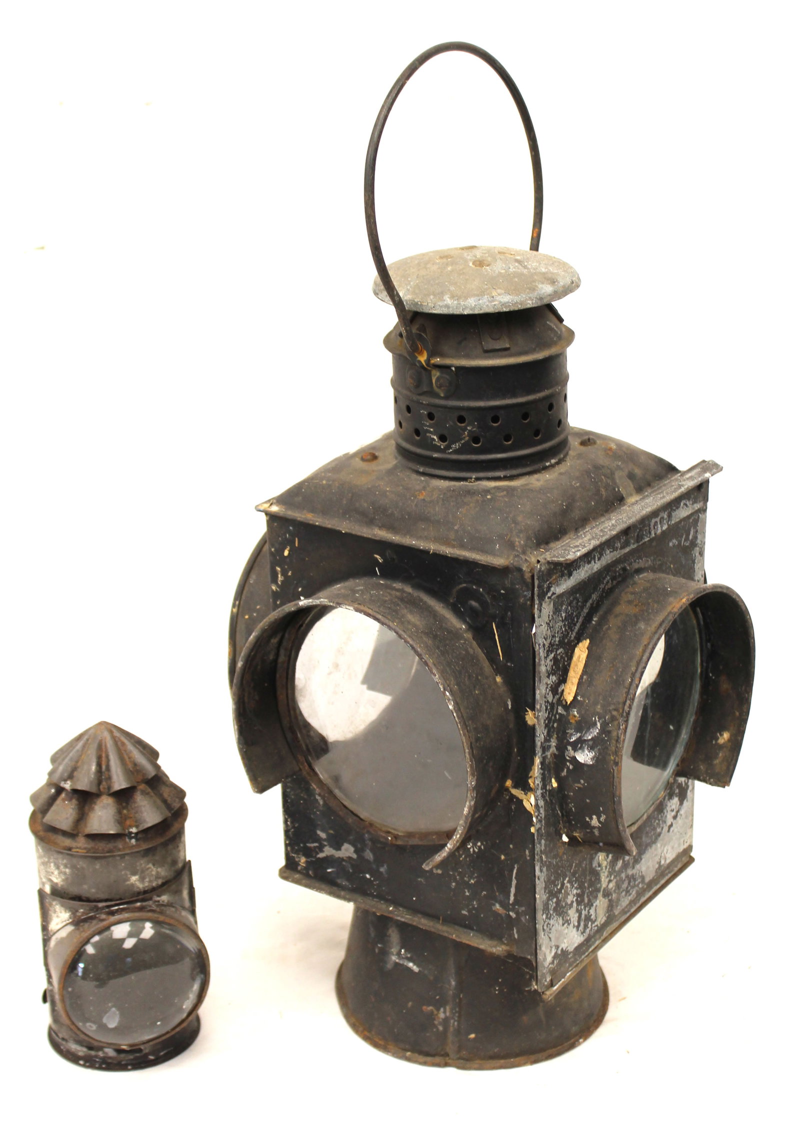Lot of 2 antique tin & glass lanterns incl a railroad example and a small bullseye glass police (1 of 5)