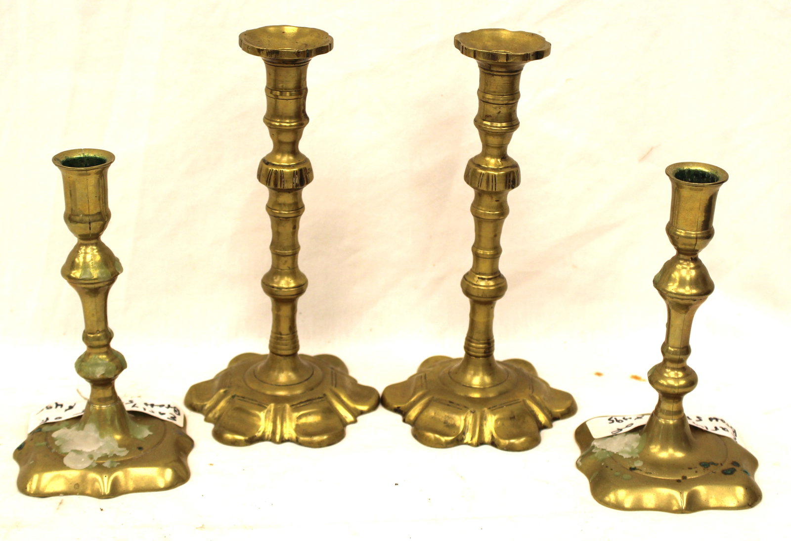 Lot of 4 (2 pairs) of antique brass candlesticks - 6 1/2" - 8 3/4" tall (1 of 8)
