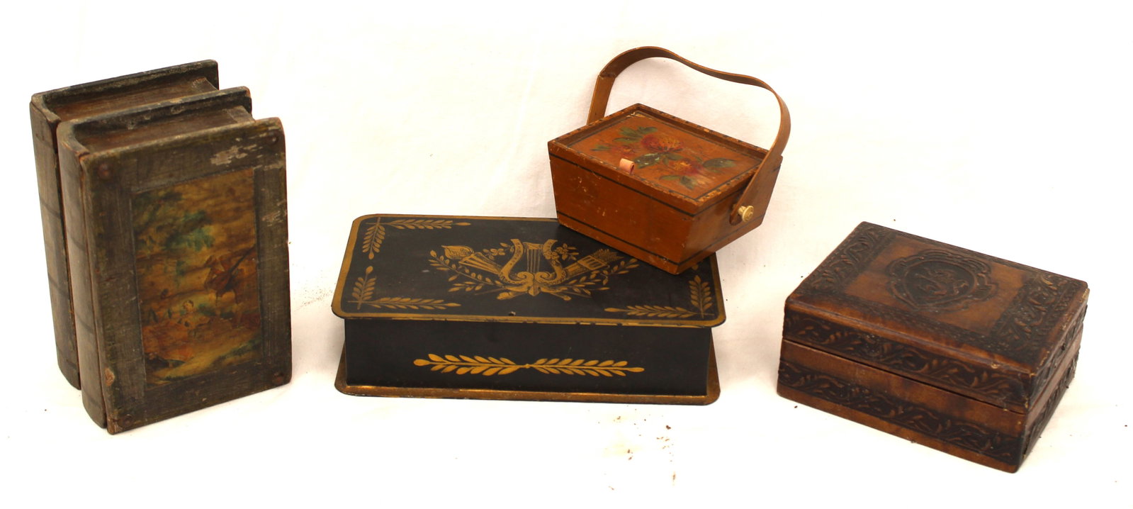 Lot of 4 antique small whimsey boxes - 1 1/2" x 2 3/4"x3 1/2" - 1 1/2"x6 3/4"x3 3/4" (1 of 9)