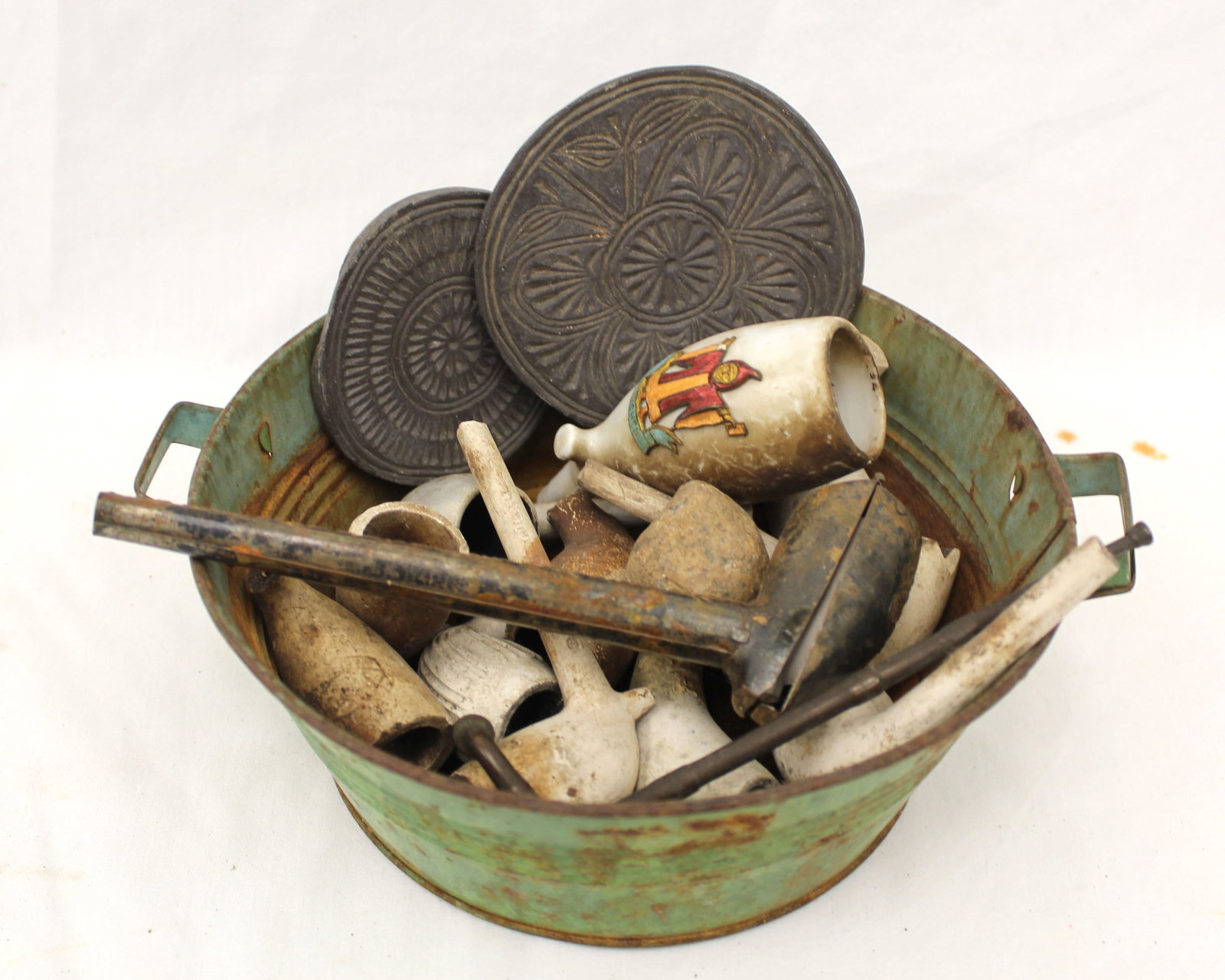 Antique tin pan filled with pipes of various material & sizes plus 2 miniature slate decorated lids (1 of 6)