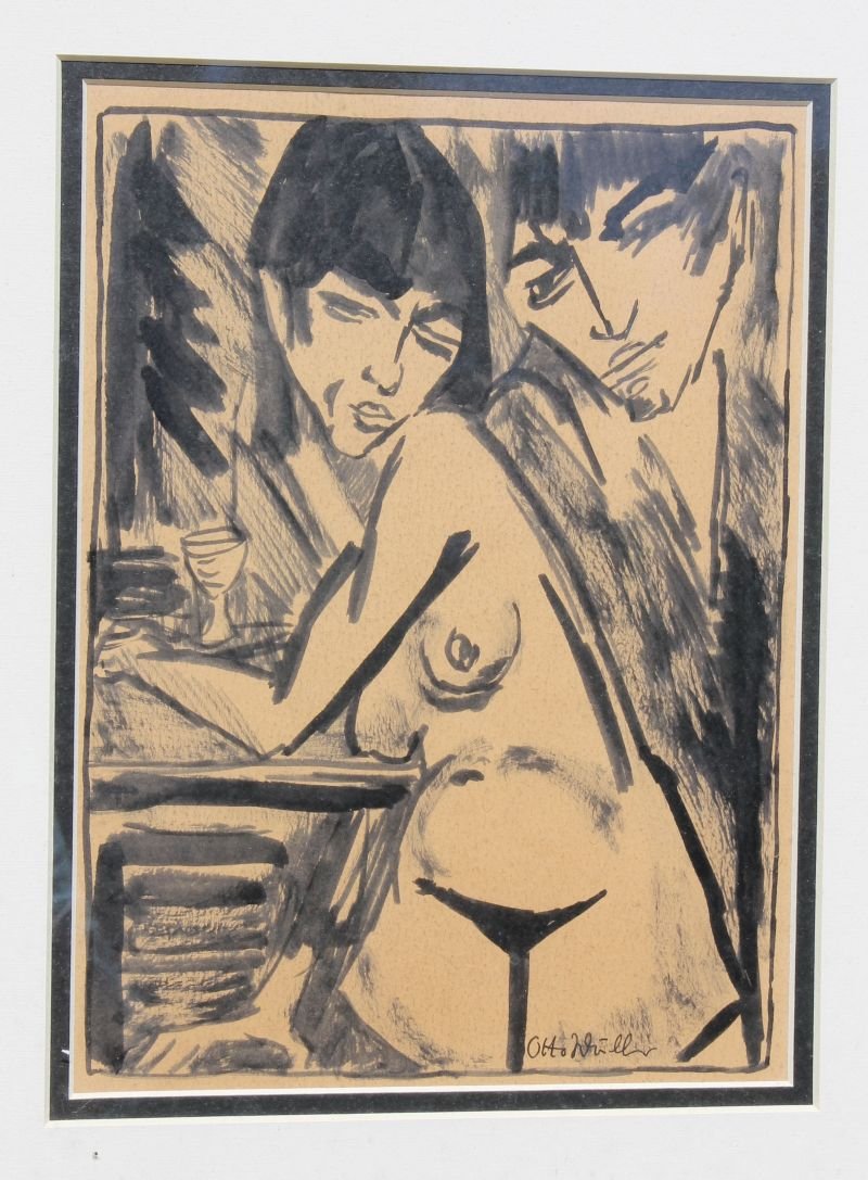 Otto Mueller (1874-1930) 10 1/2" x 7 1/2" (sight size): Otto Mueller (1874-1930) 10 1/2" x 7 1/2" (sight size) mixed media of a nude female w male face in the background