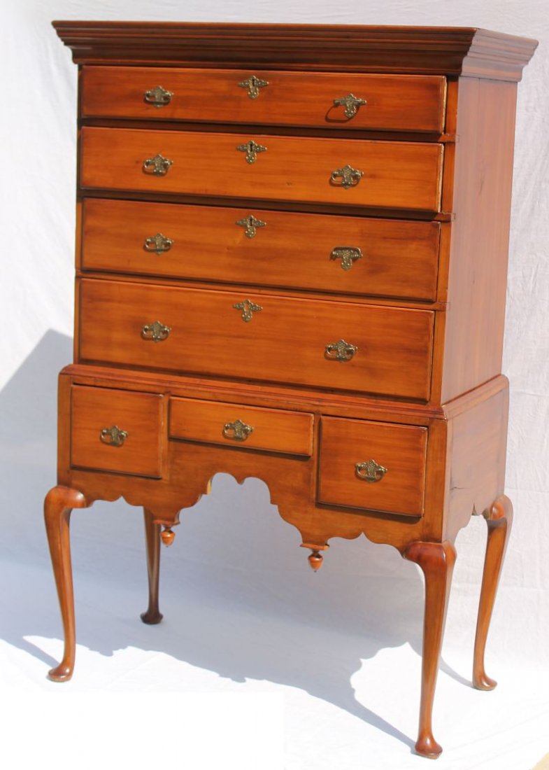 very nice form QA period ca 1740 Boston maple flat top: very nice form QA period ca 1740 Boston maple flat top highboy - 61 3/4" tall x 35 3/4" upper case width