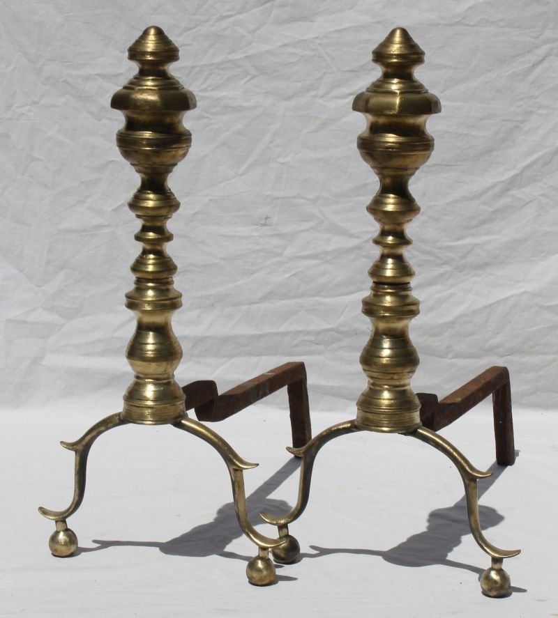 pr of early 19thC brass andirons - 17" tall: pr of early 19thC brass andirons - 17" tall