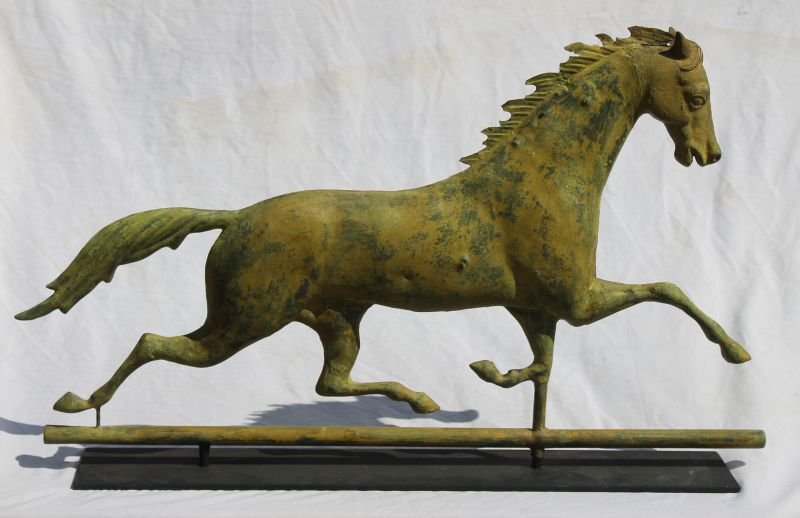 Fine 19thC Ethan Allen copper running horse weathervane: Fine 19thC Ethan Allen copper running horse weathervane in old yellow sizing - 29" long