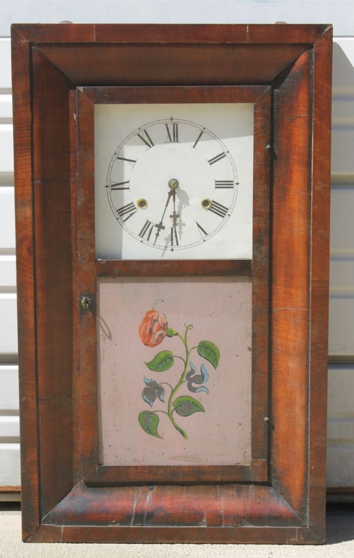 19thC Ingraham weight driven OG clock w rose dec: 19thC Ingraham weight driven OG clock w rose dec reverse painted glass door - w weights & pendulum - 26" tall