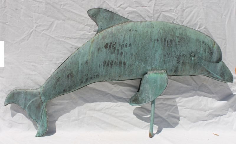 ca 1920 full bodied copper dolphin weathervane in fine: ca 1920 full bodied copper dolphin weathervane in fine verdigris surface - found in Rhode Island - 28" long