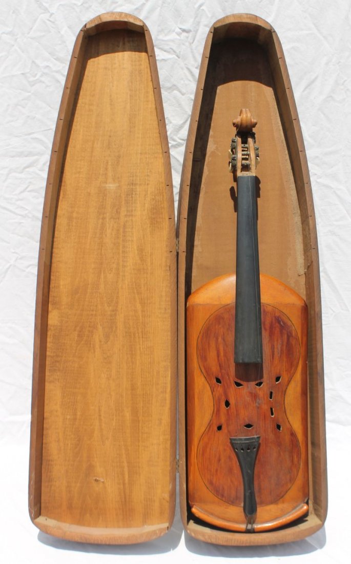early 20thC possibly unique folk art violin in wooden: early 20thC possibly unique folk art violin in wooden case - 24" long