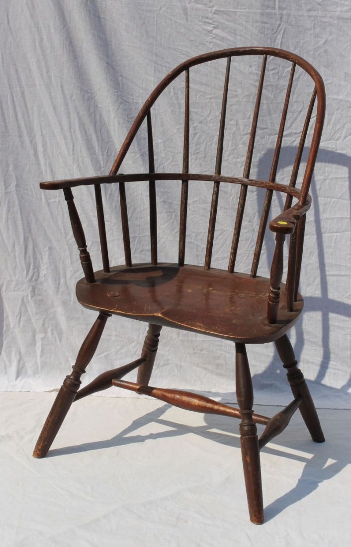 period Windsor ca 1780 CT bowback armchair in old red: period Windsor ca 1780 CT bowback armchair in old red over old blue paint featuring porringer hands - 37" tall