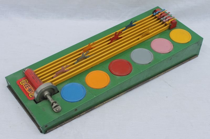 1920's Wolverine "Gee-Wiz" tin horse racing game in: 1920's Wolverine "Gee-Wiz" tin horse racing game in green & rare to find complete w all horses - 15" x 6"