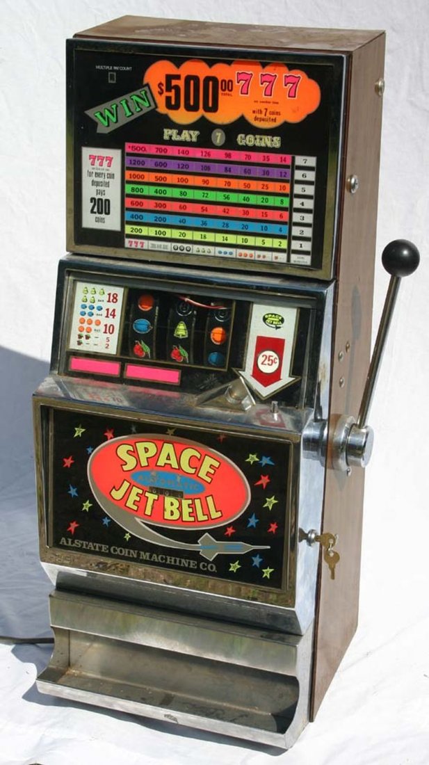 antique Alstate Coin Machine Co "Space Jetbell" coin: antique Alstate Coin Machine Co "Space Jetbell" coin operated crank handled slot machine - 36 1/2" tall
