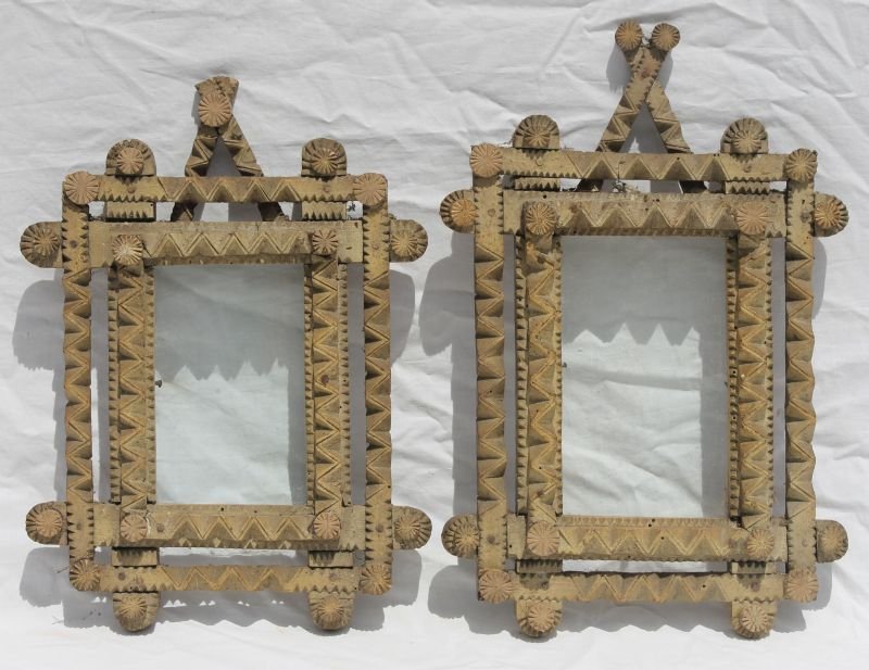 pr of antique tramp art carved & painted "Oyster White: pr of antique tramp art carved & painted "Oyster White color" frames - overall size 12"x8" - interior size 6"x4"