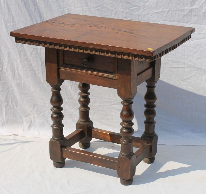 late 18th/early 19thC English 1 drawer stretcher based: late 18th/early 19thC English 1 drawer stretcher based tavern table on turned legs - 23" tall x 23 1/2" wide