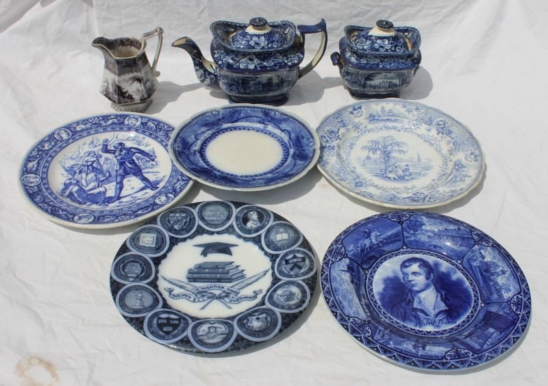 lot of 8 pcs of Historic blue & white china incl dinner: lot of 8 pcs of Historic blue & white china incl dinner plates, teapot, creamer & sugar - makers incl Suffolk, Zeal House, Lancashire, J.Clement, etc