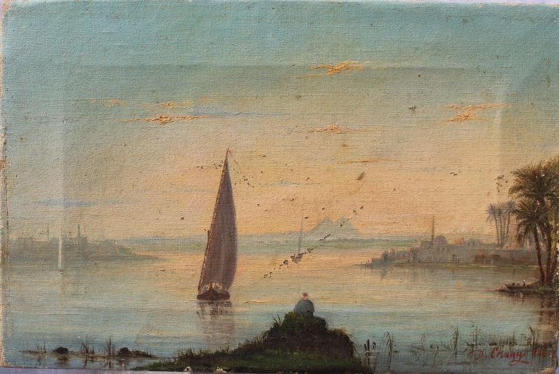 sgnd ? 9"x13 1/2" o/c Nile River scene depicting: sgnd ? 9"x13 1/2" o/c Nile River scene depicting sailboat, multiple buildings, palm trees & pyramids in the distance