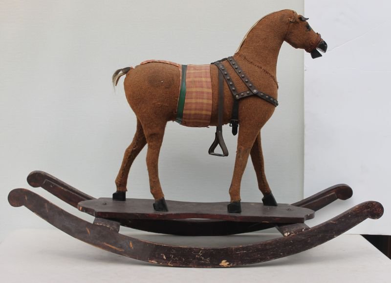 ca 1880-1910 orig mohair over wood carved rocking horse: ca 1880-1910 orig mohair over wood carved rocking horse on wooden rocking platform in orig old paint - Note: orig leather & brass studded harnesses - 43" long x 31" tall