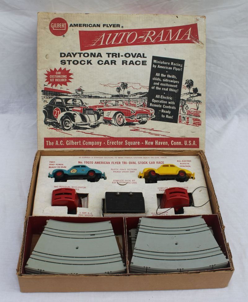 A.C. Gilbert 1960's orig boxed American Flyer: A.C. Gilbert 1960's orig boxed American Flyer "Auto-Rama" remote control slot car racing set in fantastic complete condition in orig box