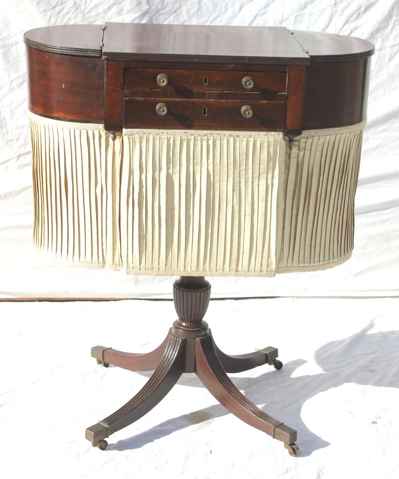 very important classical carved mahogany & ebony wood: very important classical carved mahogany & ebony wood early Duncan Phyfe ca 1800 NYC ladies sewing stand w silk sewing bag