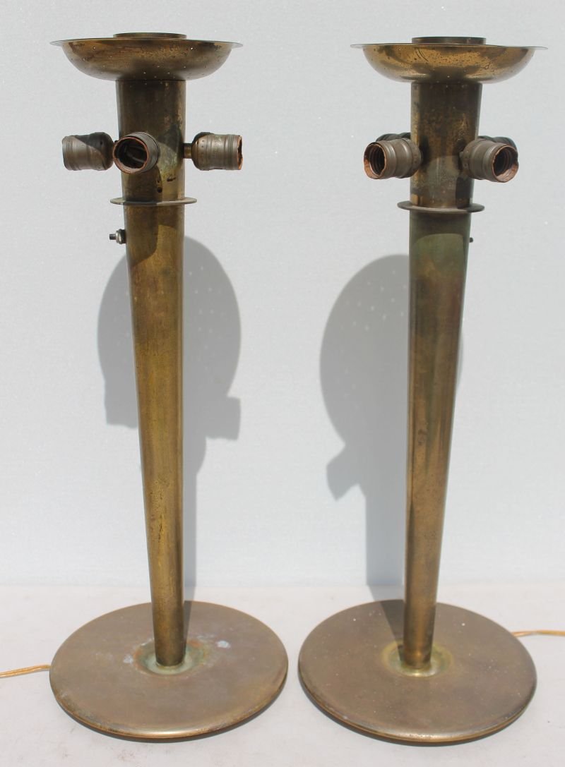 rare & important pr of 1950's sgnd Paavo Tynell Taito: rare & important pr of 1950's sgnd Paavo Tynell Taito Oy brass 4 socket 25 1/2" tall table lamps made in Finland