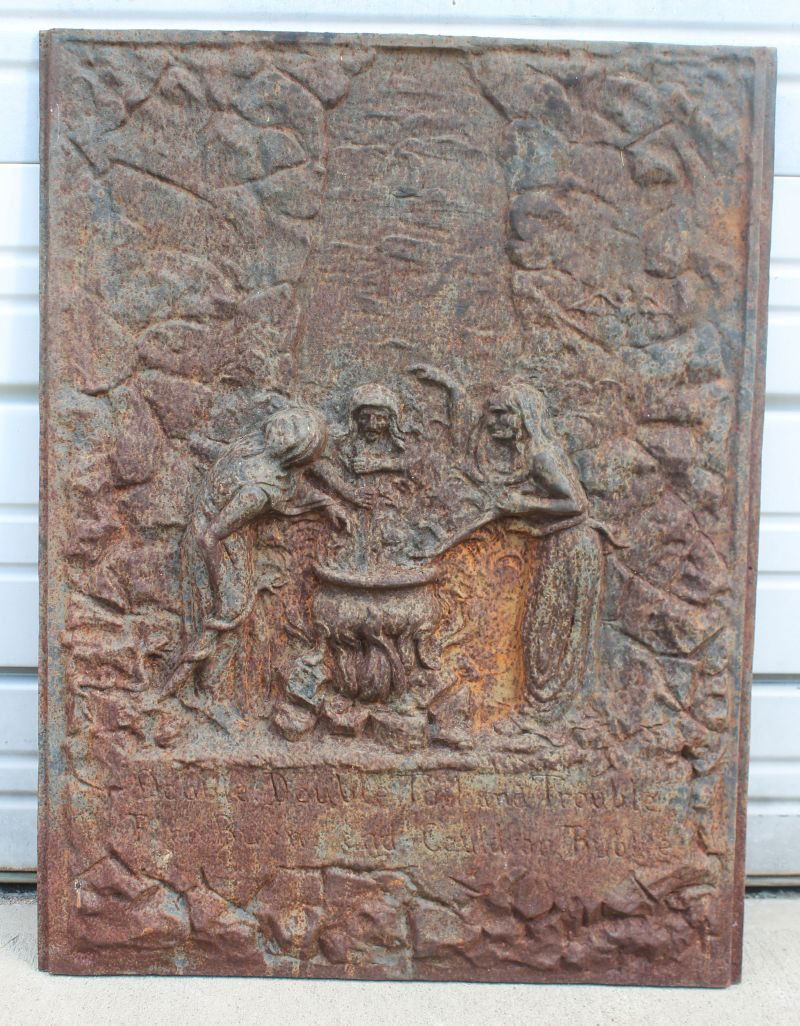 great ca 19thC cast iron fireback depicting witches &: great ca 19thC cast iron fireback depicting witches & cauldron w the Shakespearean incised verse "Double, Double, Toil & Trouble, Fire Burns & Cauldrons Bubble" - 29"x22 1/2"