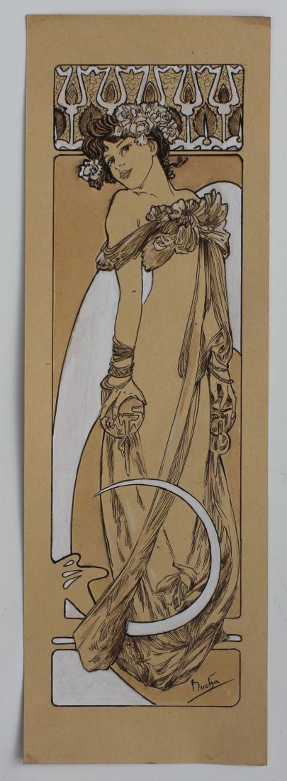 Alphonse Mucha 17 1/4"x5 3/4" (mixed media) pen &: Alphonse Mucha 17 1/4"x5 3/4" (mixed media) pen & ink/gouache w wash Art Nouveau full length well dressed woman sgnd lower right - private collection