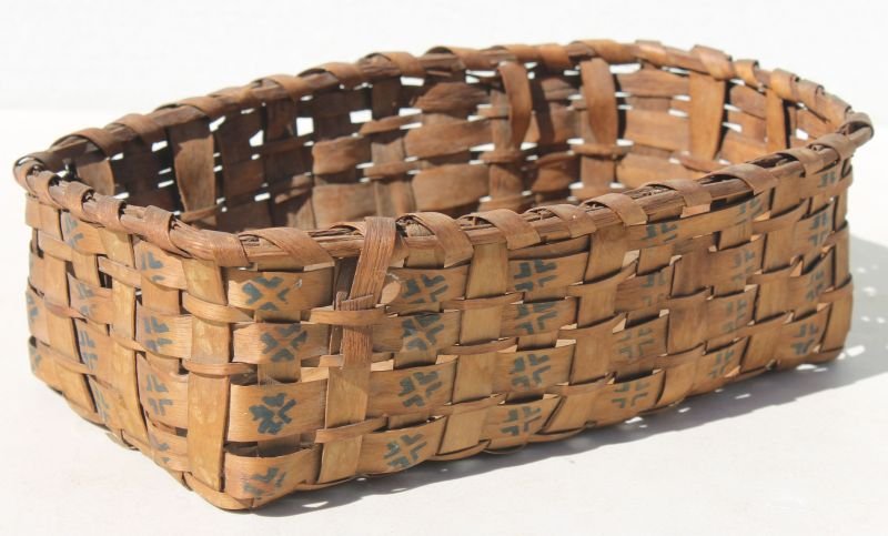 antique Native American Northeast potato stamp dec: antique Native American Northeast potato stamp dec splint basket - 11 1/2" x 7" x 3"