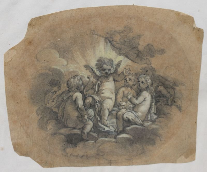 Francois Boucher (1703-1770) rough size 7"x9" (painting: Francois Boucher (1703-1770) rough size 7"x9" (painting was meant to be oval formatted - that size is 6 1/2" x 8") graphite w gouache (faded yellow, blue & pink - probably on vellum) allegorical scene